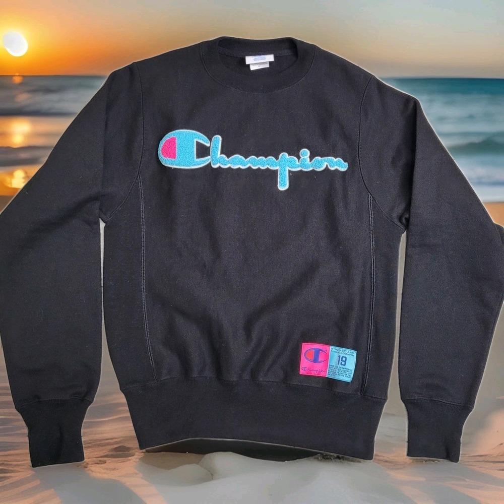 Champion Sweatshirt Unisex S Black Reverse Weave Crewneck Neon Chenille Logo Y2K